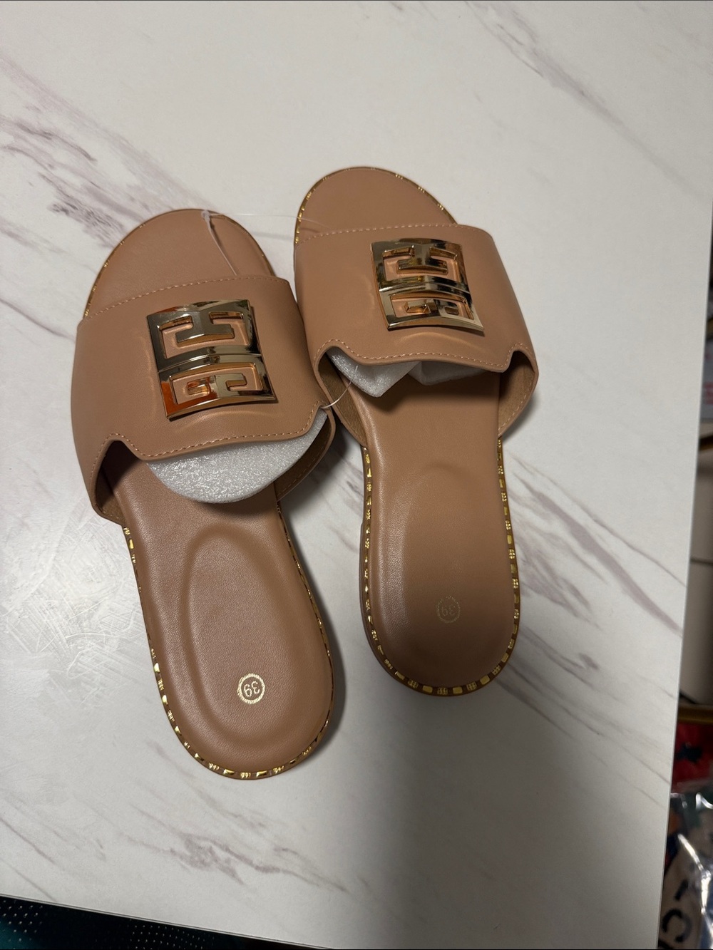 Summer Nude Tan Slide Sandals with Gold Logo Plaque